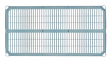 A rectangular, light blue MetroMax i Shelf plastic grid panel with evenly spaced vertical and horizontal slats forms a grid pattern. The corners have small cutout notches, and the NSF shelf is photographed from above against a white background.