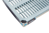 Close-up of a corner of a gray MetroMax i Shelf rooftop cargo platform, showing rectangular slats and blue accent details. The durable, modern design with “MAX” branding is suited for outdoor use and inspired by NSF shelf standards.