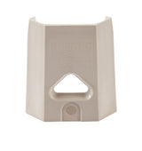 A beige, plastic MetroMax i Shelf post cap with a triangular cutout in the center, embossed with the METRO MAX logo. Compatible with NSF shelf units, it has angled sides and a circular hole near the base, shown against a white background.