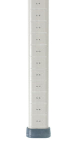 A close-up of a MetroMax compatible silver metal pole with horizontal black measurement markings labeled 0.4 to 1.6 in 0.1 intervals. The polymer trilobal post ends in a gray plastic or rubber base. The background is white.