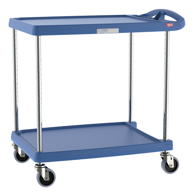 A blue utility cart featuring a heavy duty plastic shelf and two flat tiers, four chrome legs, swivel caster wheels, and a convenient handle. Its rectangular, open design is ideal for transporting items efficiently.