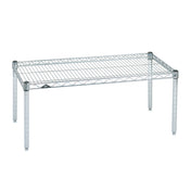 A chrome wire shelf with four metal legs, rectangular in shape. The open grid design resembles a Super Erecta Dunnage Rack, allowing for ventilation. NSF-certified, the sturdy wire platform is ideal for storage or organizational use. Background is plain white.