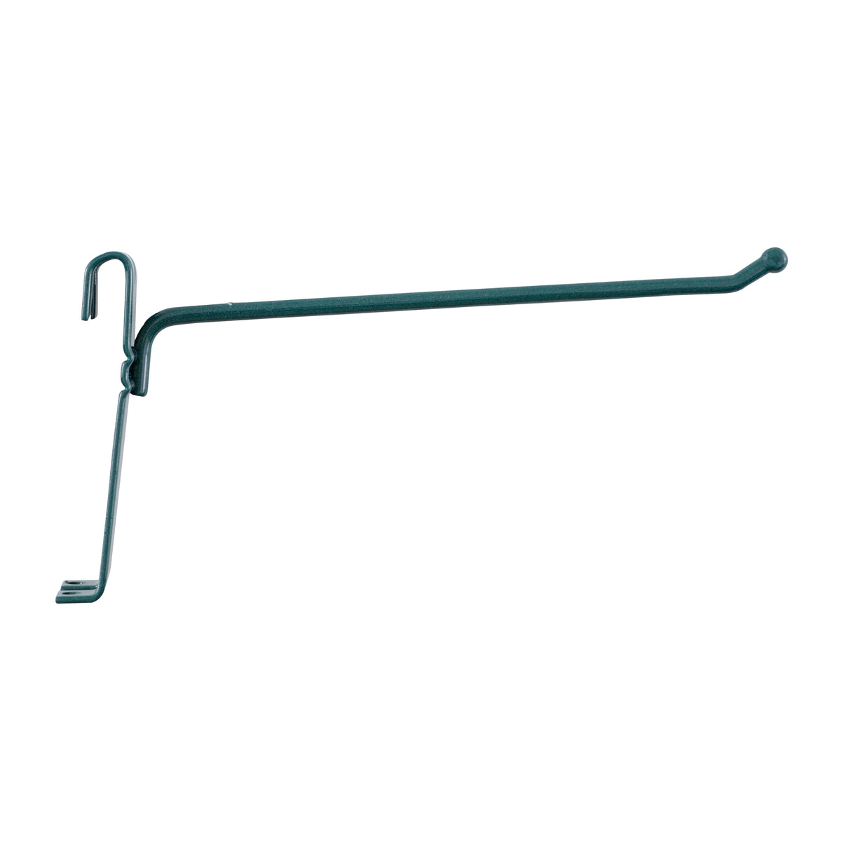 A green SmartWall Prong Hook features a straight arm with an upward curve and two vertical hooks for pegboard attachment. It includes antimicrobial protection and is isolated on a white background.