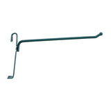 A green SmartWall Prong Hook features a straight arm with an upward curve and two vertical hooks for pegboard attachment. It includes antimicrobial protection and is isolated on a white background.