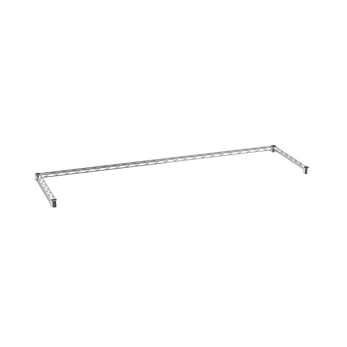 A single chrome plated metal support bar with a triangular lattice design, featuring two short right-angle ends for mounting, photographed on a white background; ideal for use with Super Erecta shelving and channel frame systems.