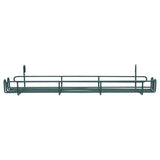 A metal wire shelf with a rectangular shape, raised sides, and hooks at the back for mounting. Featuring antimicrobial protection, this minimalist shelf is designed to hold lightweight items and attach to a wall or similar vertical surface.