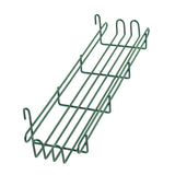 A green metal wire Metroseal 3 rack with two horizontal shelves and hook-like ends, designed to hang from a surface. This open-framed, rectangular organizer offers antimicrobial protection for storing items. Background is plain white.