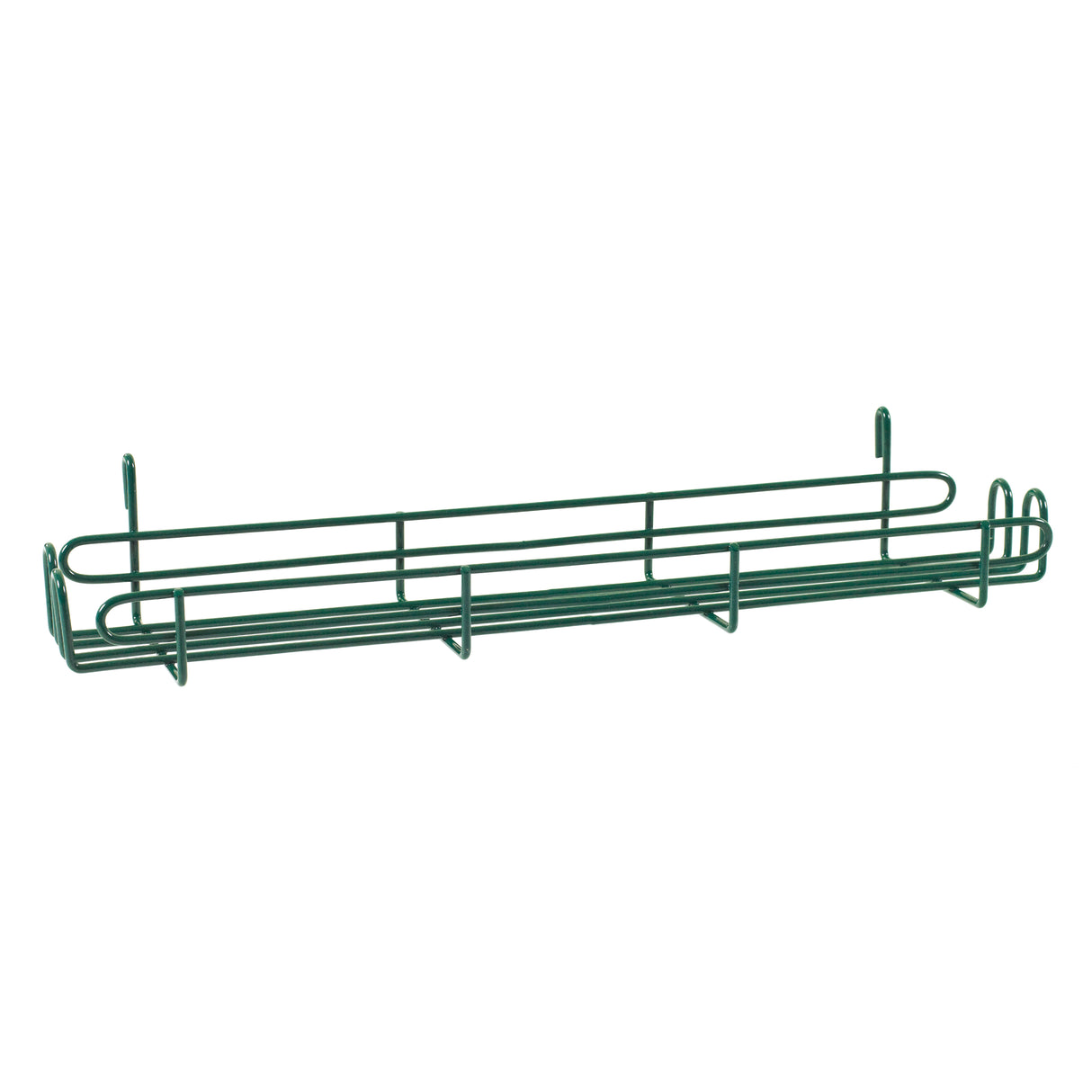 A long, narrow green metal wire basket with Metroseal 3 antimicrobial protection, featuring a rectangular shape, open sides, and hooks on the back for wall or fence mounting. Ideal for holding plant pots, gardening tools, or as a SmartWall Grid-Mount Spice Rack.