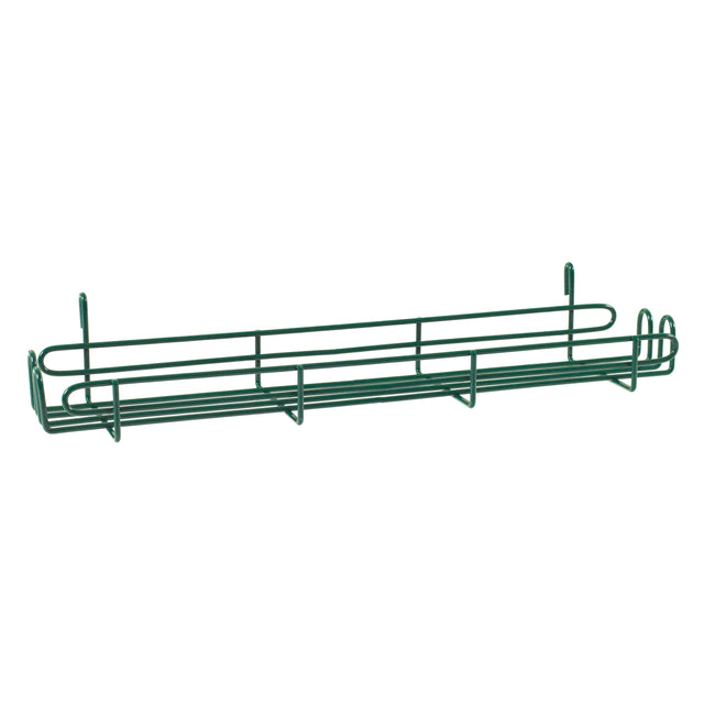 A long, narrow green metal wire basket with Metroseal 3 antimicrobial protection, featuring a rectangular shape, open sides, and hooks on the back for wall or fence mounting. Ideal for holding plant pots, gardening tools, or as a SmartWall Grid-Mount Spice Rack.