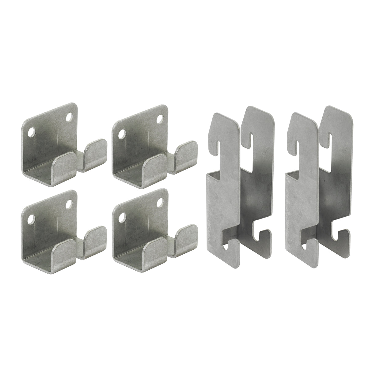 Six metal brackets, ideal as wire grid wall mount hardware, are arranged in two rows. The left four have screw holes and angled hooks; the right two feature notches and cutouts. All stainless steel brackets appear to be mounting components.