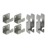 Six metal brackets, ideal as wire grid wall mount hardware, are arranged in two rows. The left four have screw holes and angled hooks; the right two feature notches and cutouts. All stainless steel brackets appear to be mounting components.
