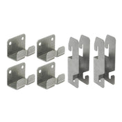 Six metal brackets, ideal as wire grid wall mount hardware, are arranged in two rows. The left four have screw holes and angled hooks; the right two feature notches and cutouts. All stainless steel brackets appear to be mounting components.