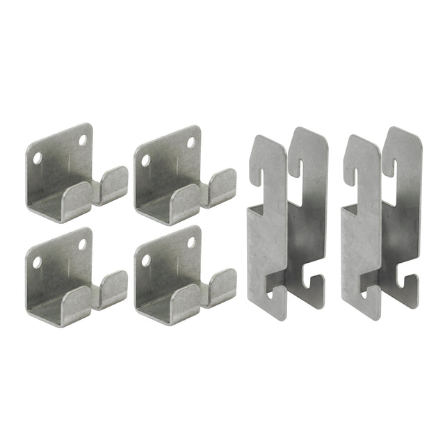 Six metal brackets, ideal as wire grid wall mount hardware, are arranged in two rows. The left four have screw holes and angled hooks; the right two feature notches and cutouts. All stainless steel brackets appear to be mounting components.