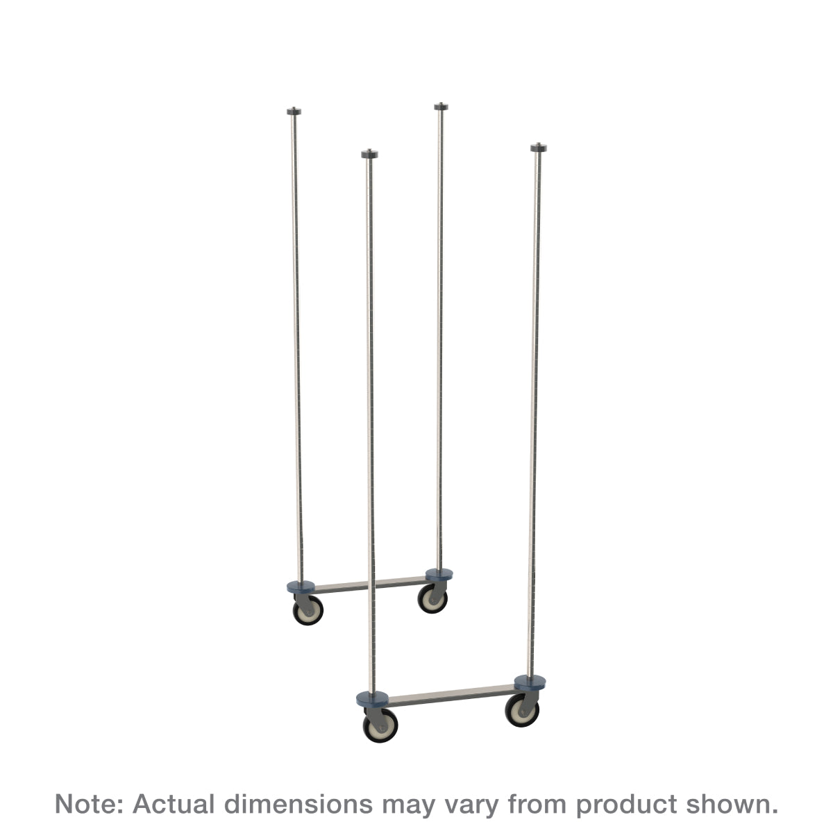 Three tall, vertical stainless steel poles are mounted on pairs of black caster wheels with gray axles. Each Super Erecta Top-Track pole set forms a mobile unit kit. The background is white, with a caption: Note: Actual dimensions may vary from product shown.