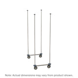 Three tall, vertical stainless steel poles are mounted on pairs of black caster wheels with gray axles. Each Super Erecta Top-Track pole set forms a mobile unit kit. The background is white, with a caption: Note: Actual dimensions may vary from product shown.