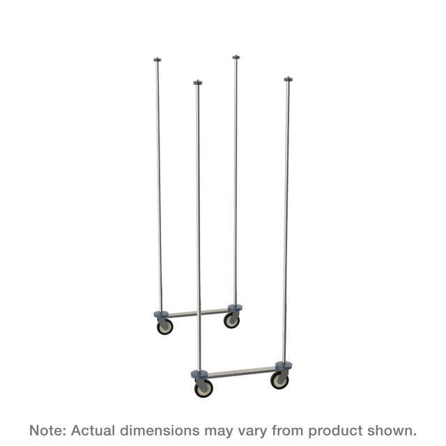 Three tall, vertical stainless steel poles are mounted on pairs of black caster wheels with gray axles. Each Super Erecta Top-Track pole set forms a mobile unit kit. The background is white, with a caption: Note: Actual dimensions may vary from product shown.
