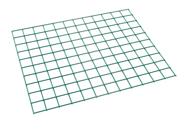 An epoxy-coated SmartWall Wire Grid panel is shown on a white background. The green metal mesh features evenly spaced square openings and is positioned at a slight angle, creating a three-dimensional appearance.