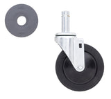 A black 5 inch swivel caster with metal bracket and stem is shown on the right. To the upper left is a separate resilient rubber wheel ring, likely a replacement tread, both displayed on a white background.