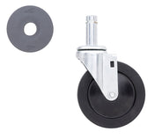 A black 5 inch swivel caster with metal bracket and stem is shown on the right. To the upper left is a separate resilient rubber wheel ring, likely a replacement tread, both displayed on a white background.