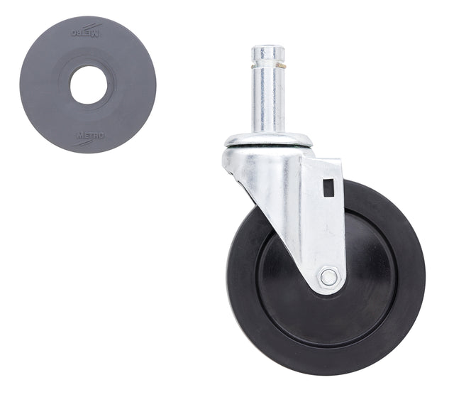 A black 5 inch swivel caster with metal bracket and stem is shown on the right. To the upper left is a separate resilient rubber wheel ring, likely a replacement tread, both displayed on a white background.