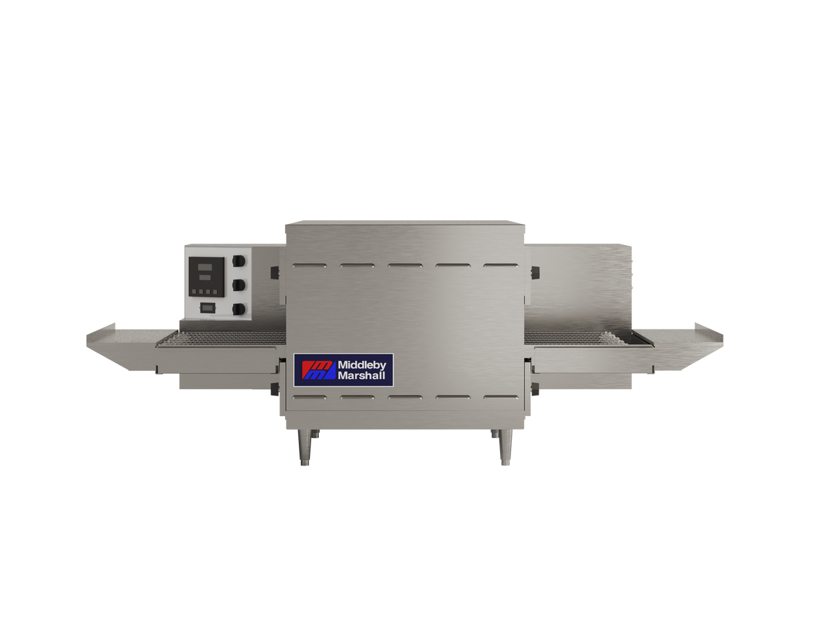 The Middleby Marshall PS520E electric conveyor oven is a commercial, stainless steel countertop conveyor oven with a front control panel on the left, entry and exit conveyor belts, ventilation slits, and the brand logo on the lower front panel.