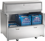 A stainless steel milk cooler with wheels, open to reveal two blue crates filled with cartons of milk. Featuring forced-air cooling, it has an upper compartment with a sliding door and a lower pull-down door with two handles.
