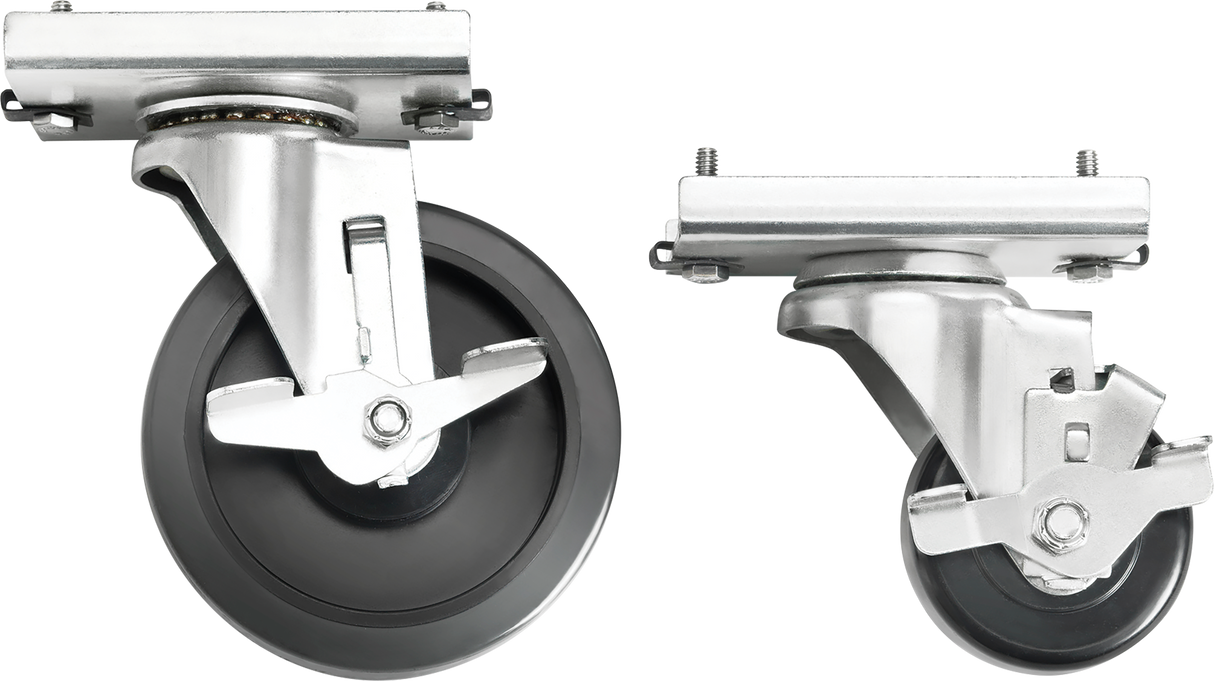 Two black and silver swivel caster wheels with stainless steel mounting plates are shown. The left wheel is larger and upright, while the right is smaller and tilted. Both feature locking mechanisms and are set against a plain white background.