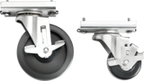 Two black and silver swivel caster wheels with stainless steel mounting plates are shown. The left wheel is larger and upright, while the right is smaller and tilted. Both feature locking mechanisms and are set against a plain white background.