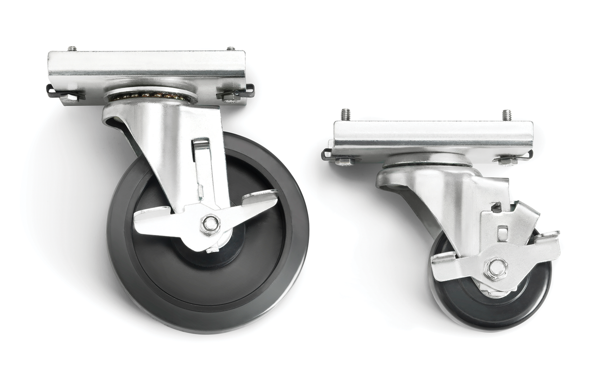 A pair of casters with rubber wheels and durable stainless steel construction.