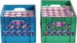 Two plastic crates, one blue and one green, are filled with rows of purple and white cartons of Reiter Dairy milk—ideal for loading into a double access milk cooler. The crates have open lattice sides, handles, and the cartons are neatly upright in each crate.