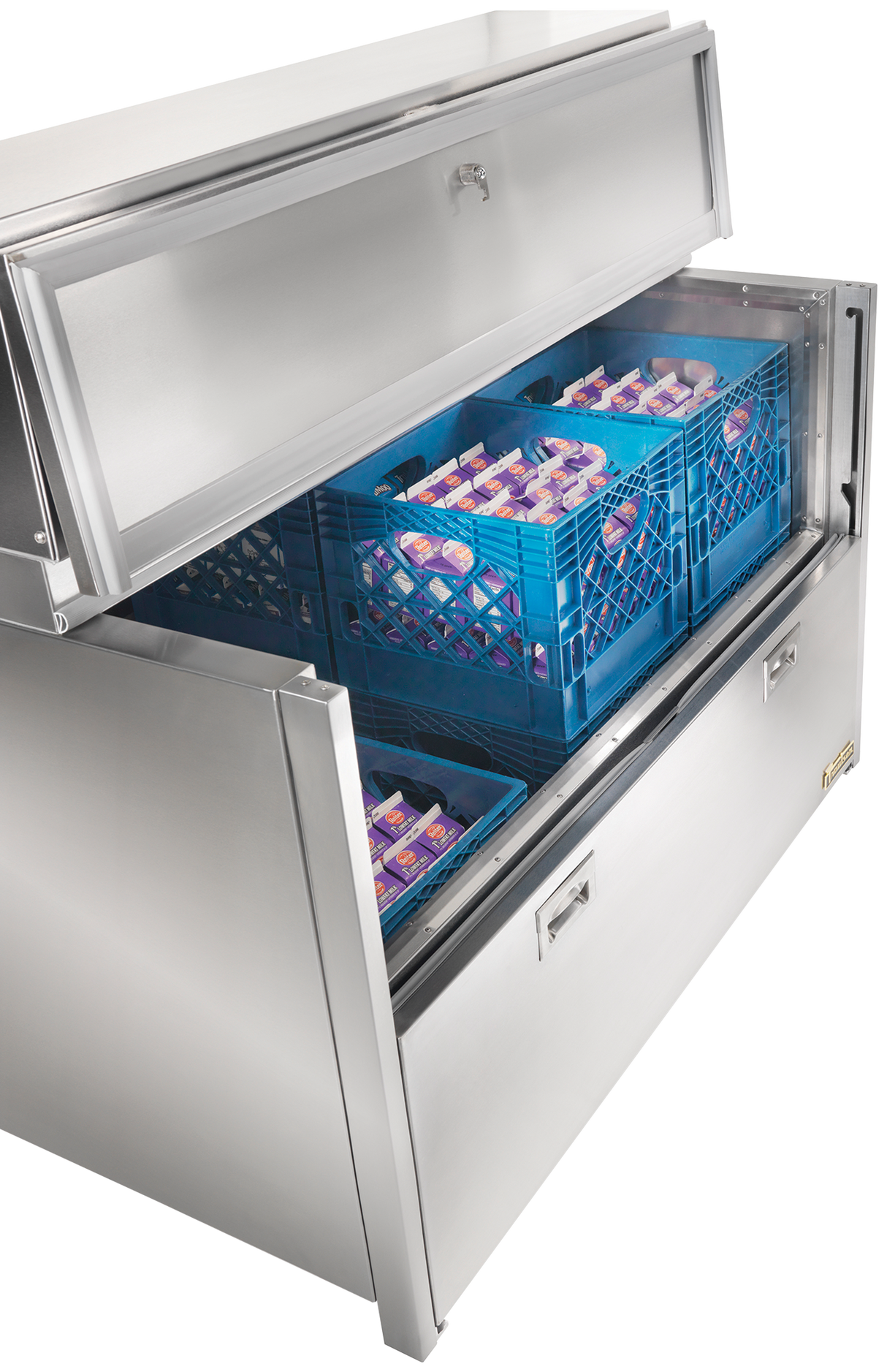 A large Stainless Steel Milk Cooler drawer is pulled open, revealing blue plastic crates filled with single-serve milk cartons arranged neatly inside. The top lid of the unit is also open, showing the organized storage system.