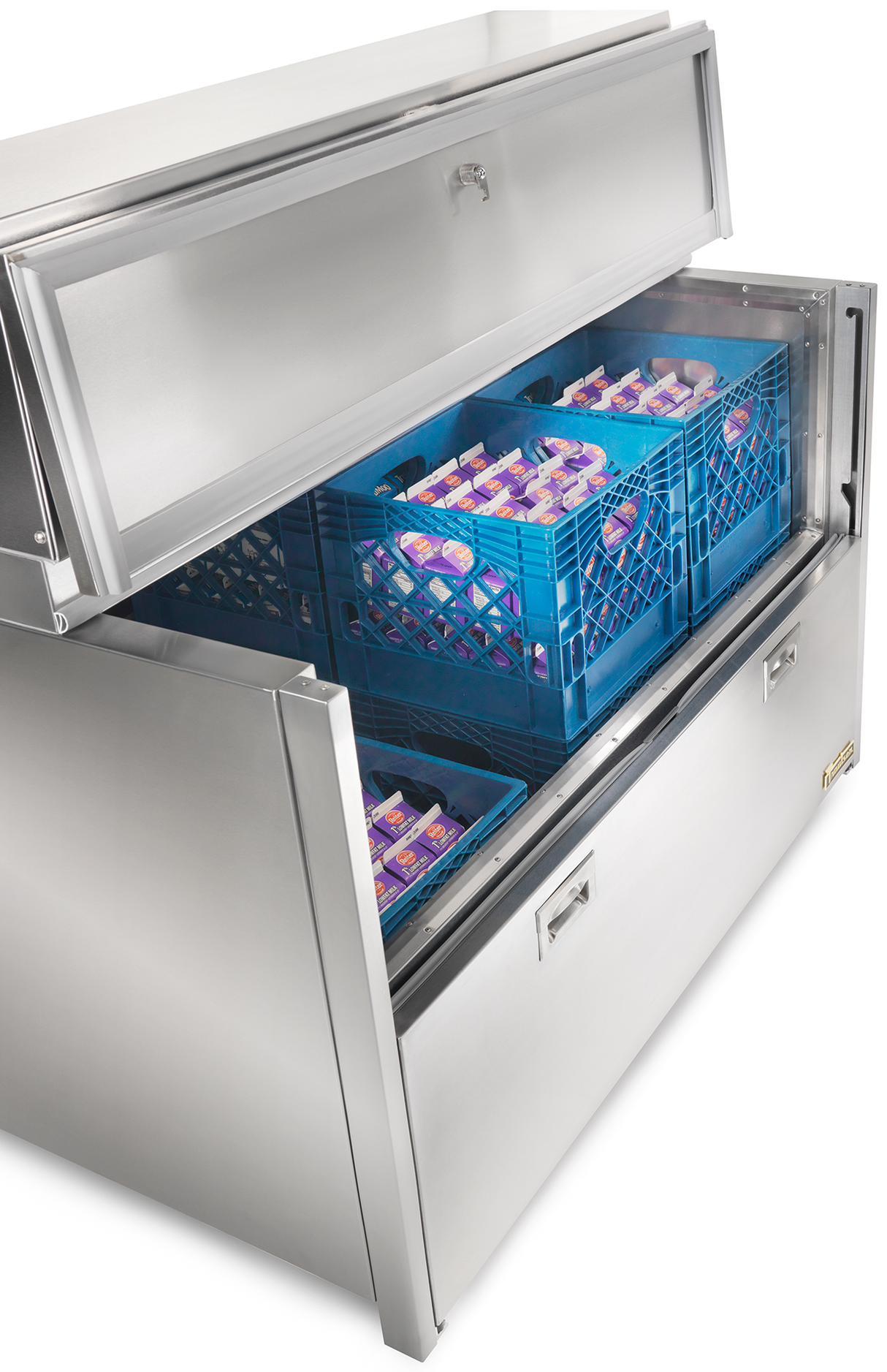 A large stainless steel milk cooler with top-mount refrigeration stands open, revealing two blue crates filled with neatly stacked cartons of milk. The unit features sturdy handles and a sleek, industrial design.