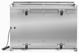 The back of a stainless steel milk cooler box.