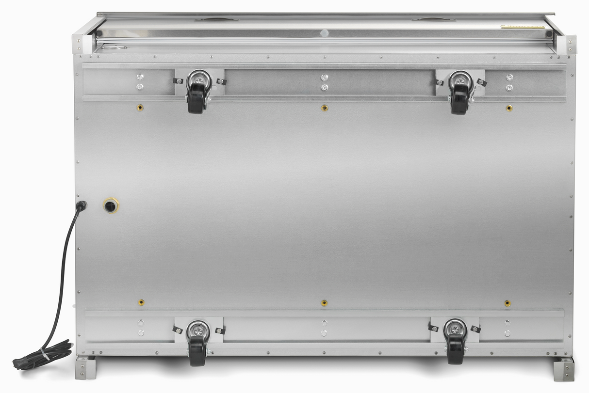 The back of a silver Traulsen milk cooler.