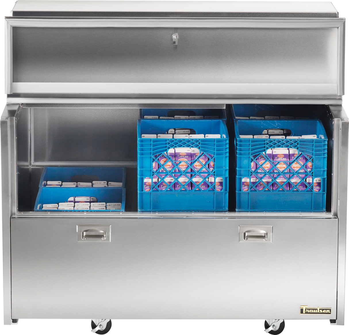 A silver milk cooler with forced-air technology features blue crates inside.