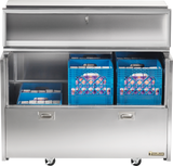 A silver milk cooler with forced-air technology features blue crates inside.