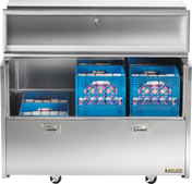 A silver milk cooler with forced-air technology features blue crates inside.