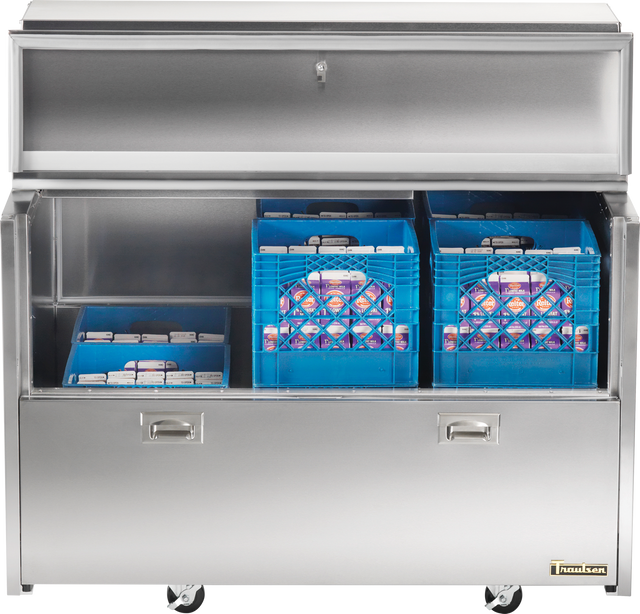 A silver milk cooler with forced-air technology features blue crates inside.