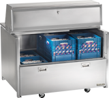 A large stainless steel refrigerator with blue crates inside, perfect as a milk cooler.