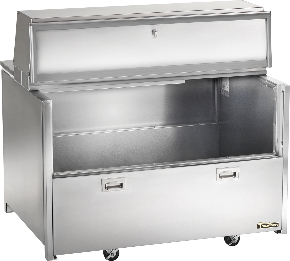 A large, stainless steel milk cooler on wheels with double access—an open top lid and open front panel. The forced-air interior is empty, featuring two handles on the front and a small label at the bottom right. The surface is shiny and metallic.