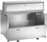 A large, stainless steel milk cooler on wheels with double access—an open top lid and open front panel. The forced-air interior is empty, featuring two handles on the front and a small label at the bottom right. The surface is shiny and metallic.