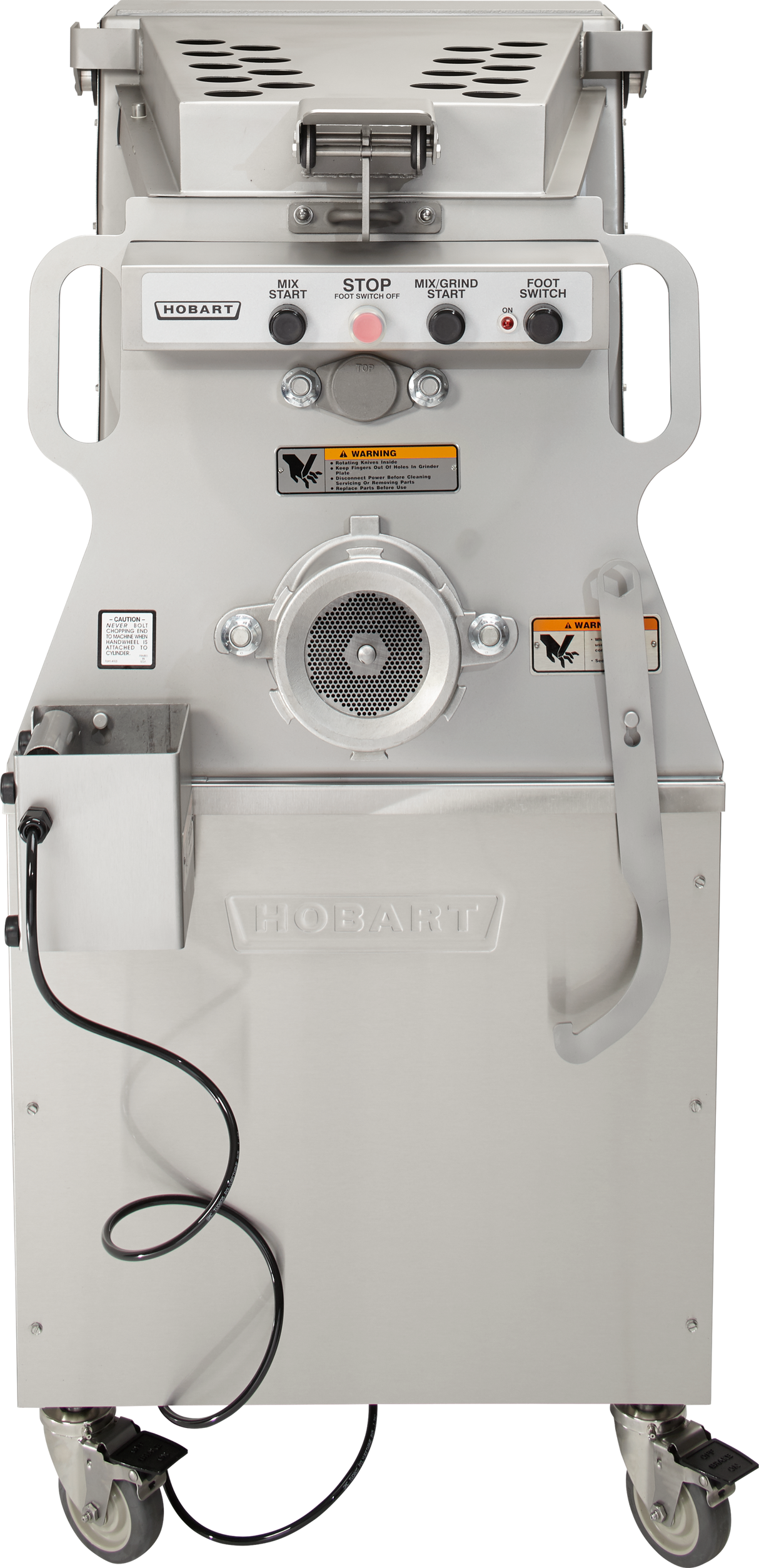 Front view of a Hobart prime mixer grinder with a stainless steel body, control panel with buttons and switches, warning labels, attached power cord, handle, caster wheels, metal tray for processing meat, and 150 lb capacity.