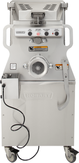 Front view of a Hobart prime mixer grinder with a stainless steel body, control panel with buttons and switches, warning labels, attached power cord, handle, caster wheels, metal tray for processing meat, and 150 lb capacity.