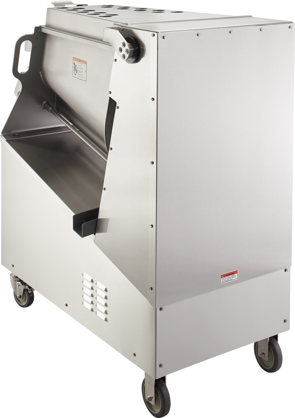 A large, stainless steel Prime Mixer Grinder on four caster wheels, featuring a 200 lb. capacity open top compartment, control handle, and ventilation slats. The angled sides and warning labels indicate it’s an industrial food processing device.