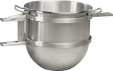 A large, shiny 40 quart stainless steel Legacy Mixer Bowl with a rounded bottom and two sturdy horizontal handles. Metal brackets extend from the handles, ideal for securing in industrial or commercial kitchen settings.