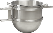 A large, shiny 40 quart stainless steel Legacy Mixer Bowl with a rounded bottom and two sturdy horizontal handles. Metal brackets extend from the handles, ideal for securing in industrial or commercial kitchen settings.