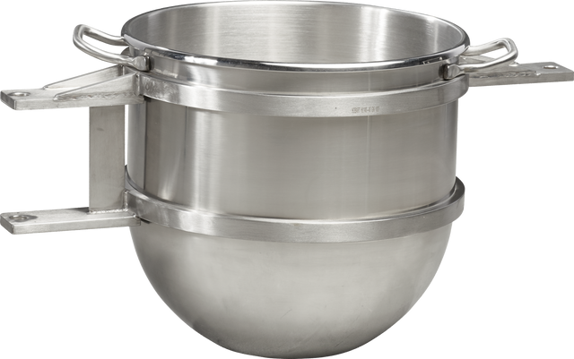 A large, shiny 40 quart stainless steel Legacy Mixer Bowl with a rounded bottom and two sturdy horizontal handles. Metal brackets extend from the handles, ideal for securing in industrial or commercial kitchen settings.