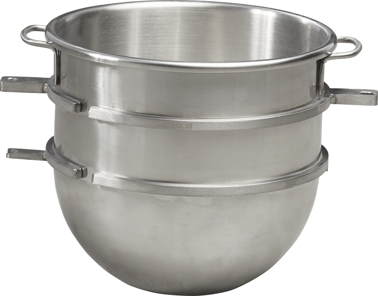 A large, shiny 20 quart stainless steel double boiler set with two stacked pots. The top pot is shallower and fits snugly inside the deeper bottom pot. Both have side handles, flared rims, and a clean brushed metal texture that gleams.