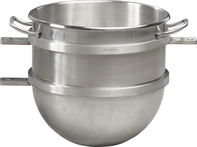 A 40 quart double boiler made of stainless steel with two stackable pots; the rounded bottom pot holds boiling water, while the top fits securely above it. Both feature sturdy side handles. The background is plain and light-colored.