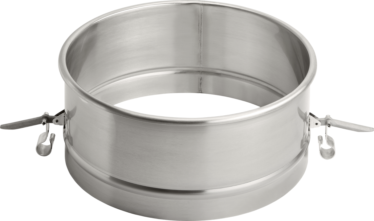 A shiny, round stainless steel baking ring with smooth sides and two metal latch clasps for easy release, shown atop a plain white background. Perfect for use with your Legacy Mixer Bowl or other 60 quart containers.